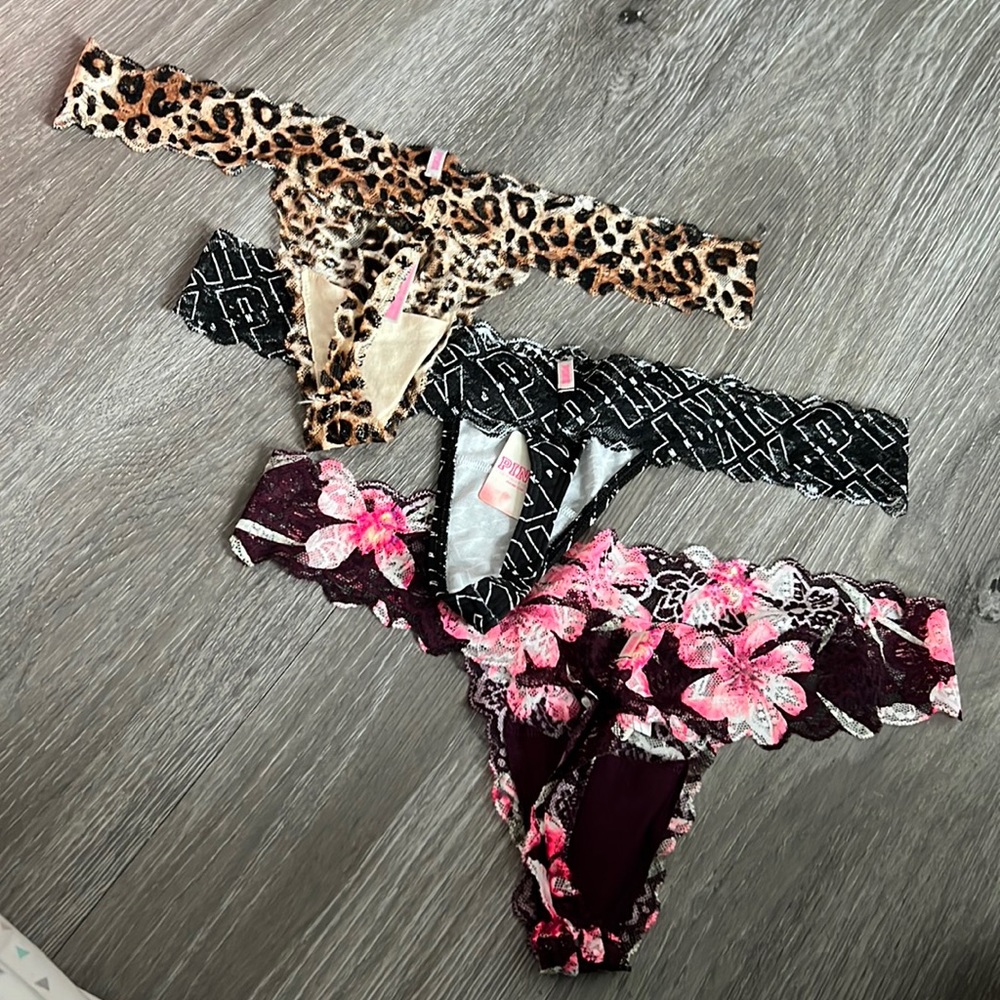 Victoria’s Secret Print Variety Lace Thong Combo. Size L.